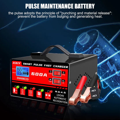 12V/24V Smart Car Battery Charger with LCD Display – 600A Intelligent Pulse Repair Maintainer