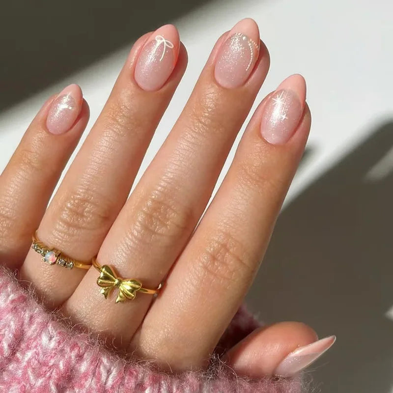 24pcs Goldfish Pattern Almond Press-On Nails – Simple Nude Pink Wearable Detachable False Nail Manicure Set