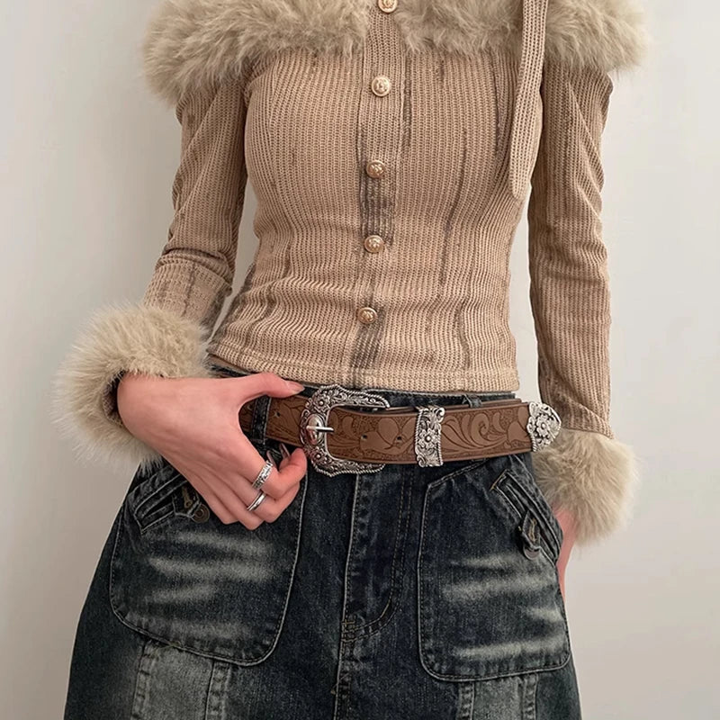 Western Brown PU Leather Vintage Belt for Women — Cowgirl Waist Belt with Metal Carved Buckle, 3-Set Designer Belts for Jeans