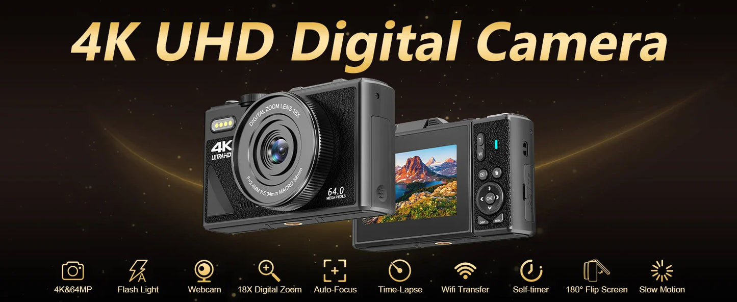 4K Camera for Photography – 18X Digital Zoom, 64MP Vlogging Camcorder, 3'' Flip Screen, WIFI Selfie Webcam for YouTube