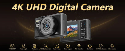 4K Camera for Photography – 18X Digital Zoom, 64MP Vlogging Camcorder, 3'' Flip Screen, WIFI Selfie Webcam for YouTube