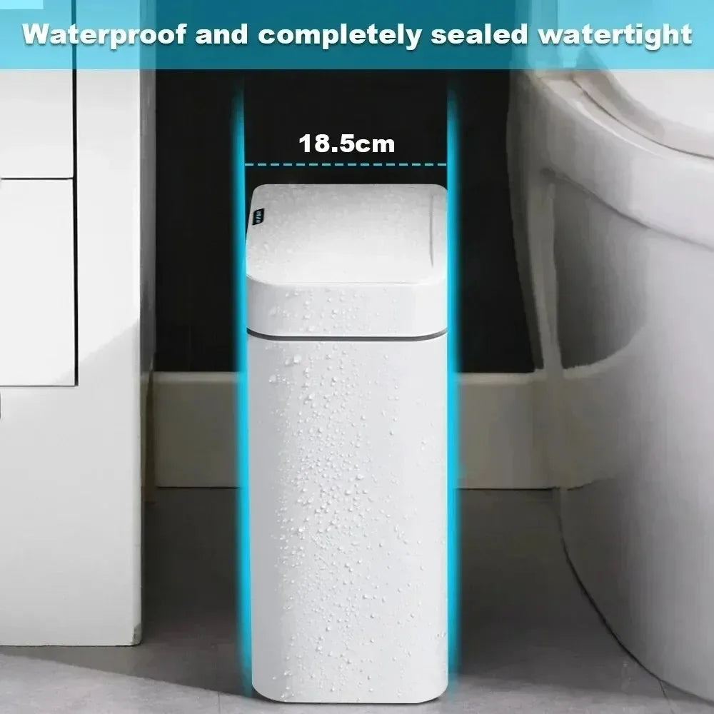 15L Smart Automatic Bathroom Trash Can — Touchless Electronic Sensor Bin with Self-Bagging, White Narrow Garbage Bin for Smart Home