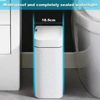 15L Smart Automatic Bathroom Trash Can — Touchless Electronic Sensor Bin with Self-Bagging, White Narrow Garbage Bin for Smart Home