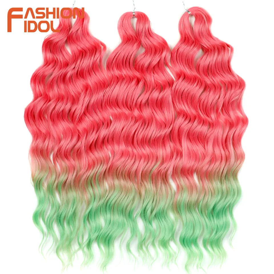 FASHION IDOL 24" Deep Wave Crochet Hair - 3-Piece Synthetic Water Wave Braiding Extensions, Ombre Rainbow Twist Hair