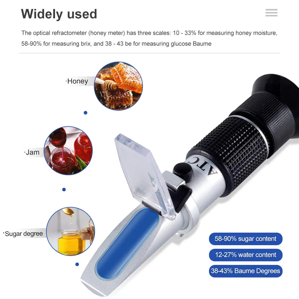 Optimize Honey Quality: 3 in 1 Handheld Honey Refractometer - Measures 58-90% Brix Sugar Concentration, 38-43% Baume Degrees, and 12-27% Water Content