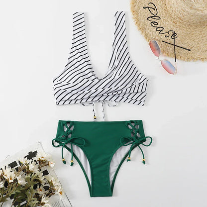 Vintage Printed Bikini Set – Women’s Cross Pleated Backless Lace-Up Push-Up Two-Piece Swimwear 2025 Beach Bathing Suit
