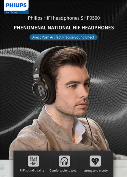 Philips SHP9500 HiFi Stereo Headphones - Wired Earphones for Computer, Online Learning, Esports, 3.5mm/6.3mm Universal Headset