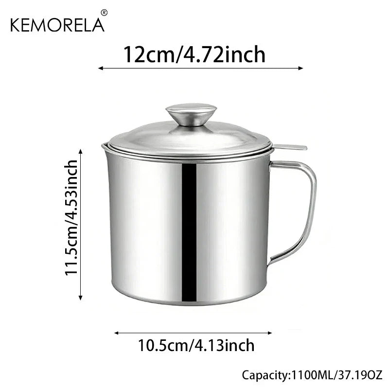 Stainless Steel Oil Filter Pot - 1.1L/1.3L Cooking Oil Strainer Container with Lid & Heat Resistant Fat Separator