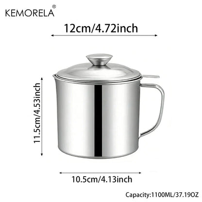 Stainless Steel Oil Filter Pot - 1.1L/1.3L Cooking Oil Strainer Container with Lid & Heat Resistant Fat Separator