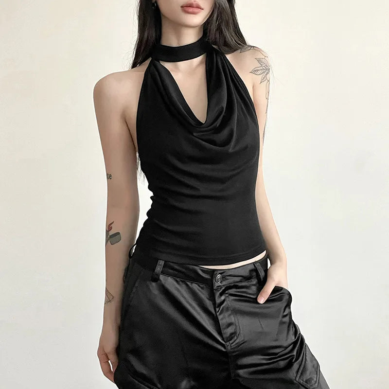 Women’s Solid Color Halter Vest – Casual, Sexy, All-Match Summer Top for Travel & High Street Style