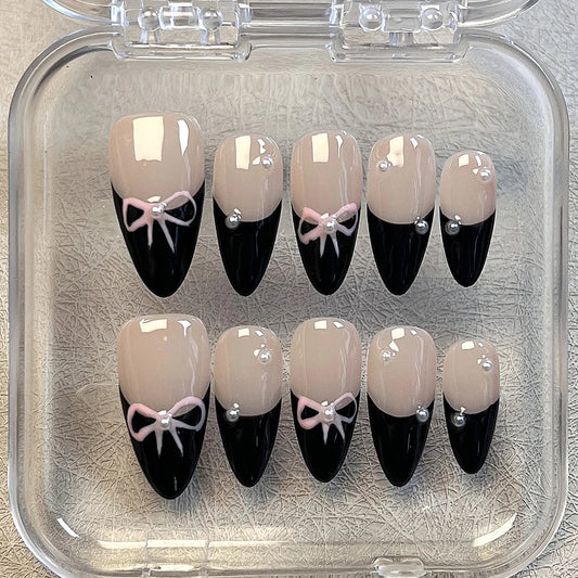10 Pcs Black French Press-On Nails – Handmade Bowknot Design, Glossy Short Almond Fake Nails for Salon Art