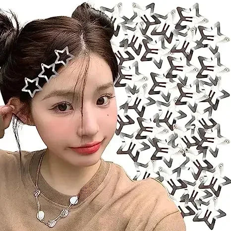 2/50PCS Y2K Silver Star Hair Clips – Filigree Metal Snap Hairpins for Girls, Nickel-Free Hair Jewelry Barrettes