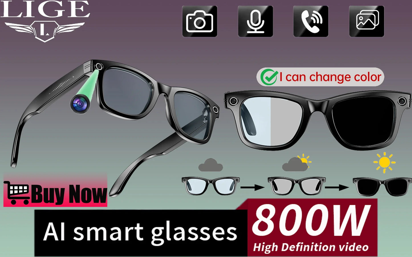 Smart AI Glasses — Video Recording, Photo Recognition, Translation, Bluetooth with 260mAh Battery, IP65 Waterproof
