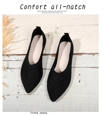 Women’s Solid Color Pointed Toe Knitted Slip-On Flats – Casual Breathable Ballet Loafers