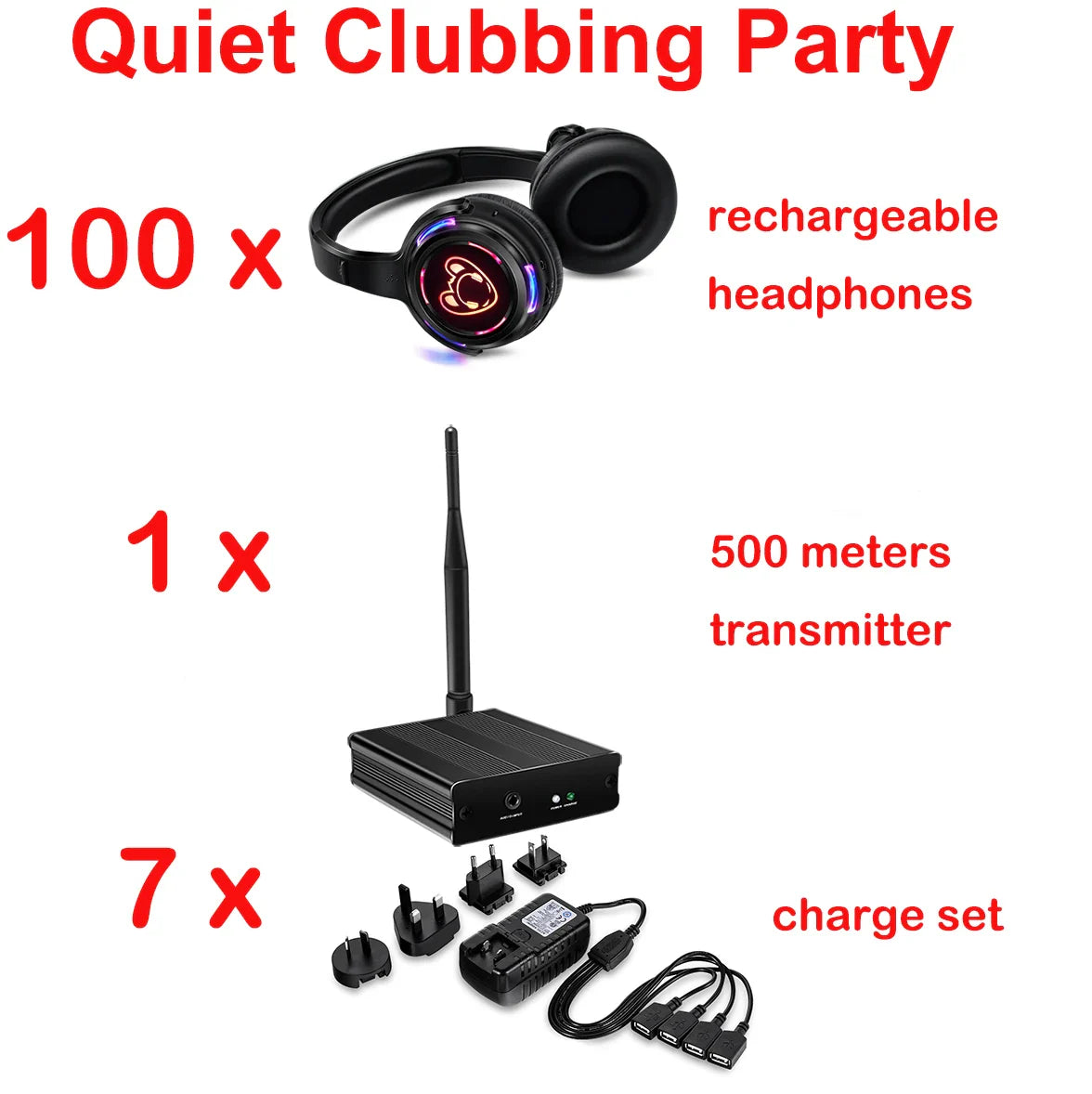 Silent Disco Complete System – Black LED Wireless Headphones Bundle with 5 Headsets & 1/2/3 Transmitters for Quiet Parties