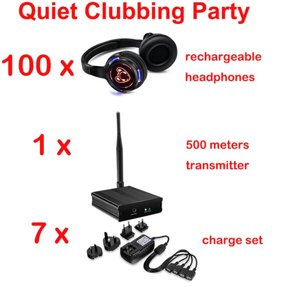 Silent Disco Complete System – Black LED Wireless Headphones Bundle with 5 Headsets & 1/2/3 Transmitters for Quiet Parties