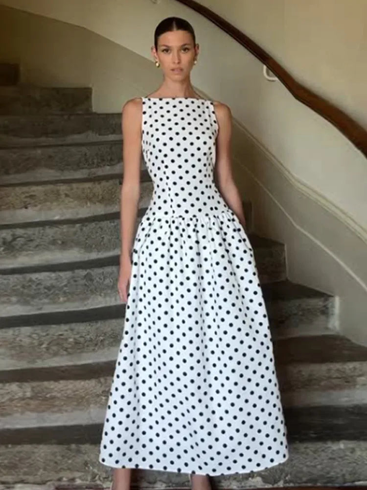Elegant Women’s Polka Dot Maxi Dress – Chic Sleeveless Round Neck High Waist Slim Fit Vestido for Party & Street, 2025 New