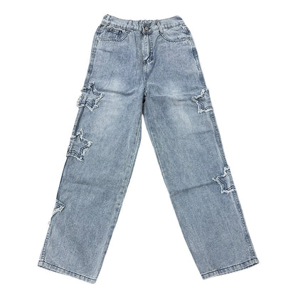 Stars Patchwork Men’s Jeans — Y2K Tassel Straight Hip Hop Streetwear Pants, Korean Fashion Trousers