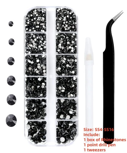 12-Grid 3D Glass AB Crystal Nail Art Rhinestones Kit – Flatback Round Beads with Tools for Nail Jewelry & Diamond Decoration