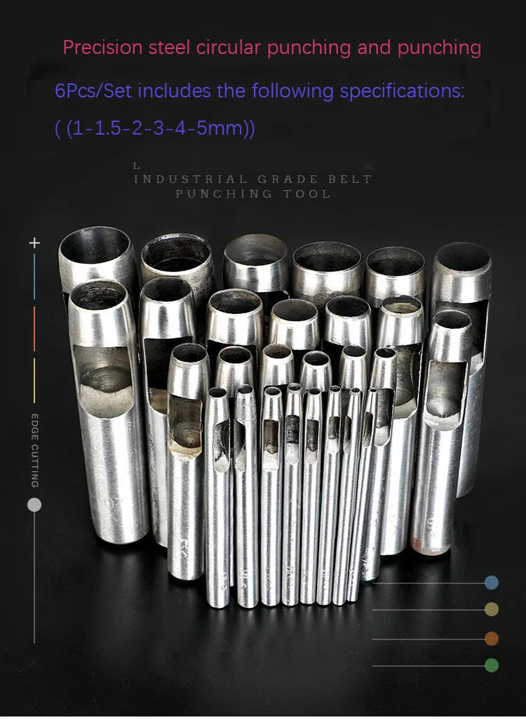 6 Piece Leather Hole Punching Tools Set - Hollow Round Puncher for Clothing, Sewing, and Leathercraft Accessories - Drilling Puncher Kit