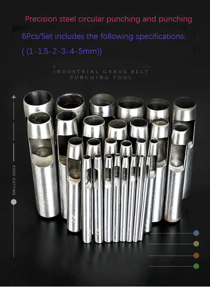 6 Piece Leather Hole Punching Tools Set - Hollow Round Puncher for Clothing, Sewing, and Leathercraft Accessories - Drilling Puncher Kit