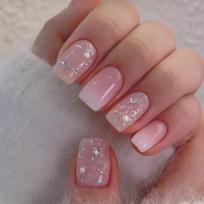 24PCS Short Square Coffin False Nails – French Glitter Acrylic Press-On Nail Tips with Glue, Wearable Fake Nails Set