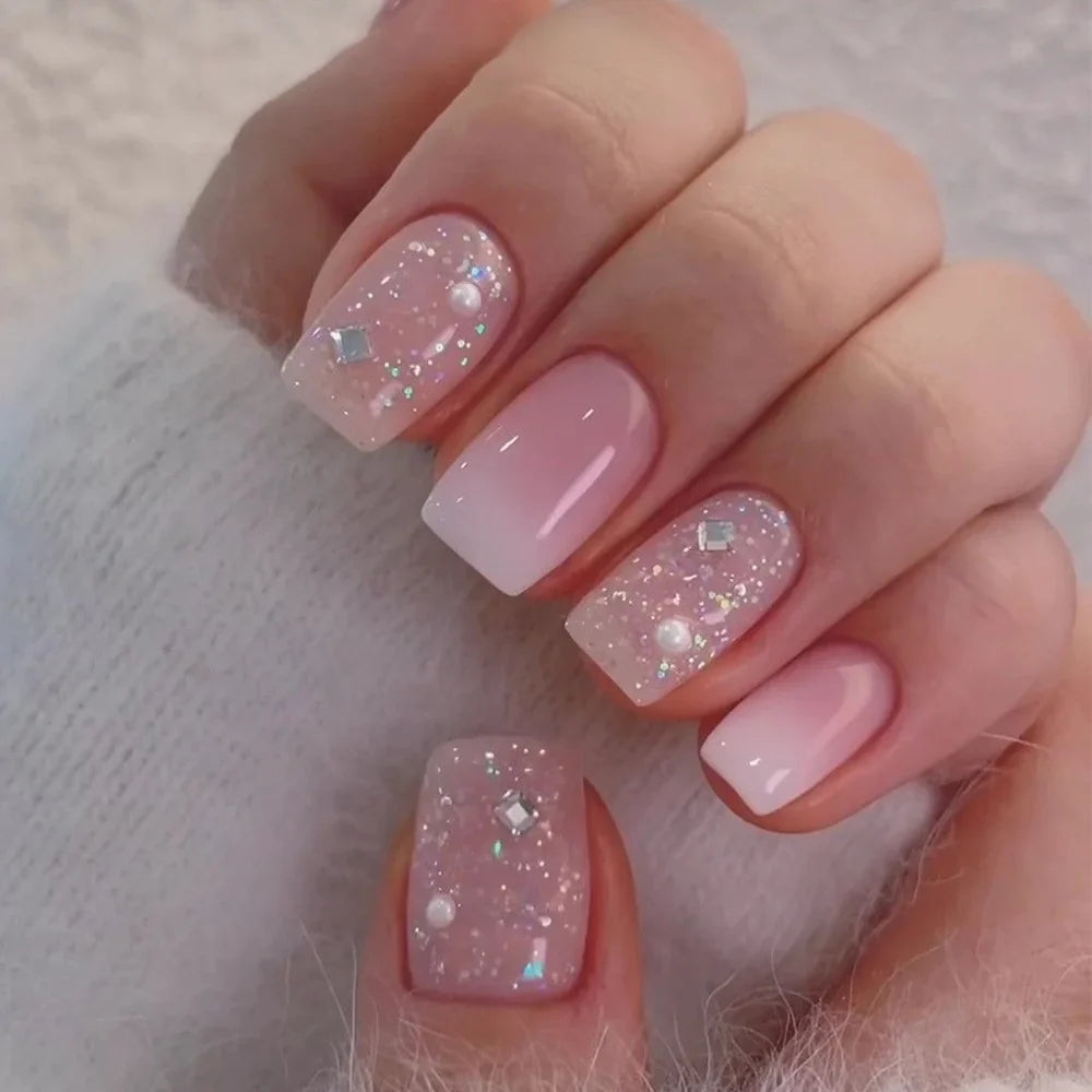 24PCS Short Press On Nails - Shimmer Ballet French Full Cover Artificial Nail Tips for Daily Manicure Style