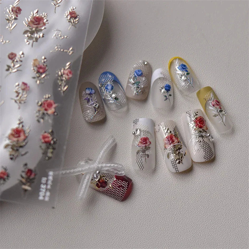 Vintage Rose Flower Nail Stickers – Red & Blue Laser Gold/Silver Nail Art Decals for Manicure Design DIY Beauty Tool