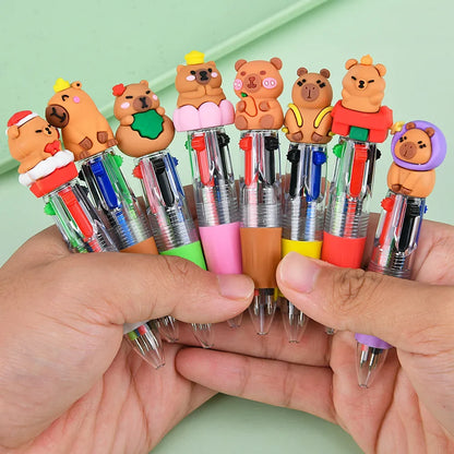 4-Color Retractable Ballpoint Pen Set - Cute Capybara Cartoon Journal Pens for Students & Gifts
