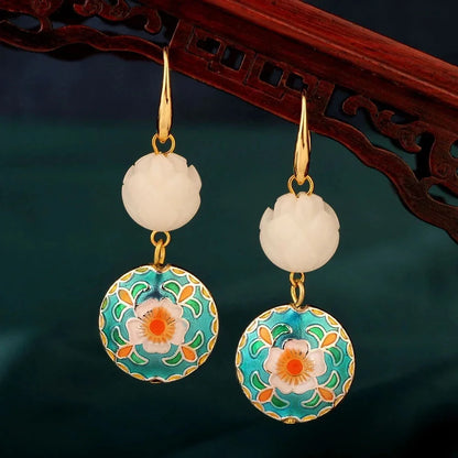Vintage Flower Drop Earrings - Natural Stone Ethnic Jewelry for Women