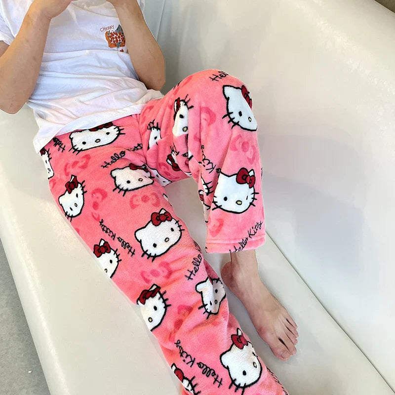 Hello Kitty Black Anime Flannel Pajamas - Women's Warm and Cozy Casual Home Pants