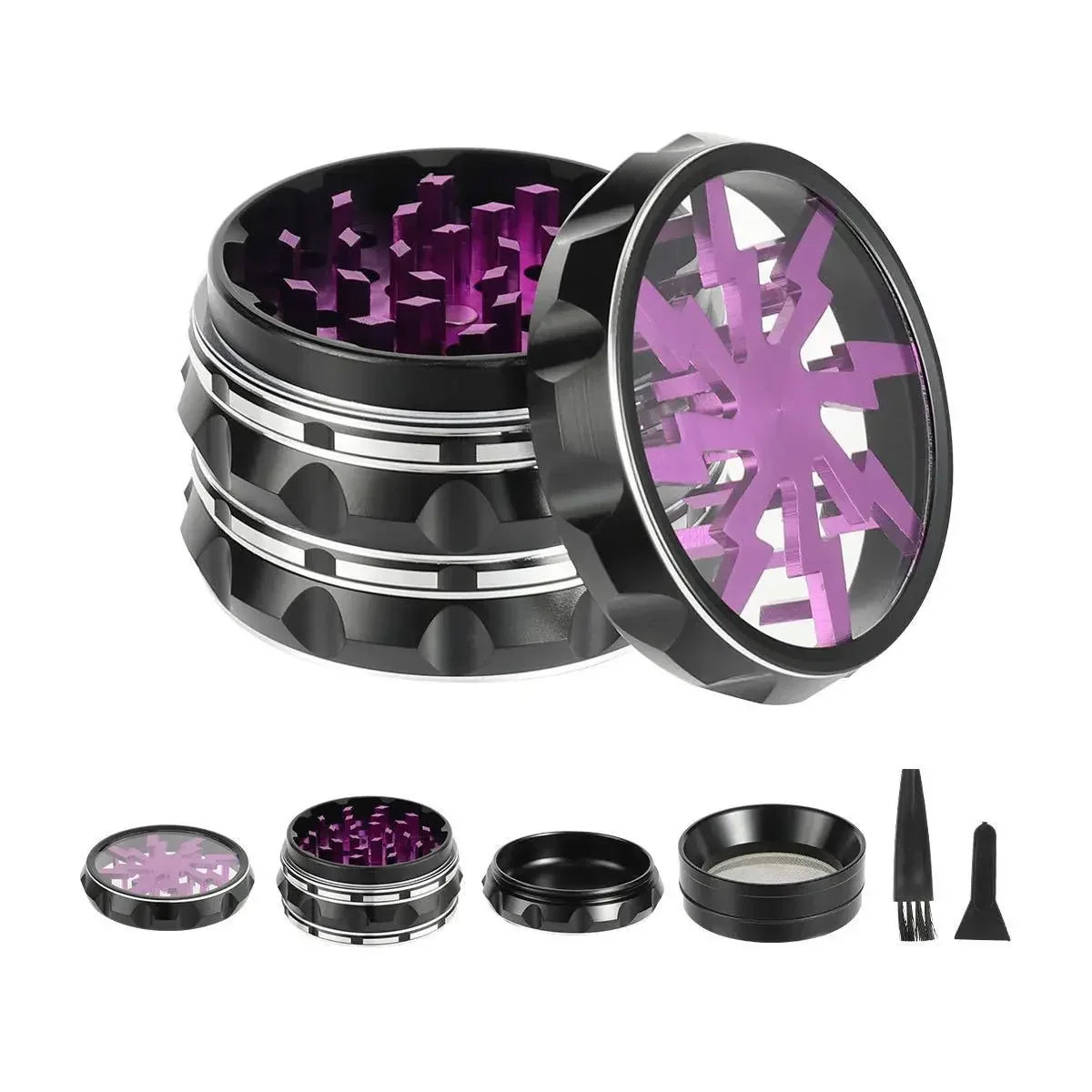 63mm 4-Layer Herb Grinder — Aluminum Alloy Spice Cutter with Lightning-Shaped Transparent Design