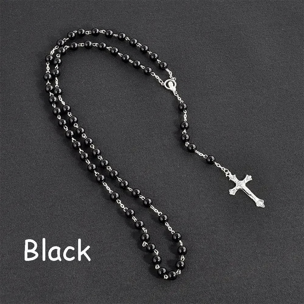 Vintage Cross Rosary Necklace – Fashion Beaded Chain with Jesus Crucifix & Virgin Mary Pendant Religious Jewelry for Men & Women