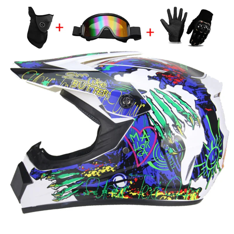 Youth & Kids Motorcycle Full Helmet - Children’s Motocross Casco Moto, Off-Road Protective Helmet with Goggles & Gloves