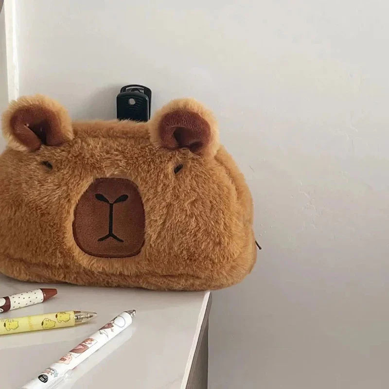 Cute Plush Capybara Pencil Storage Bag - Cartoon Animal Pen Case, Multifunctional Large Capacity Stationery Pouch