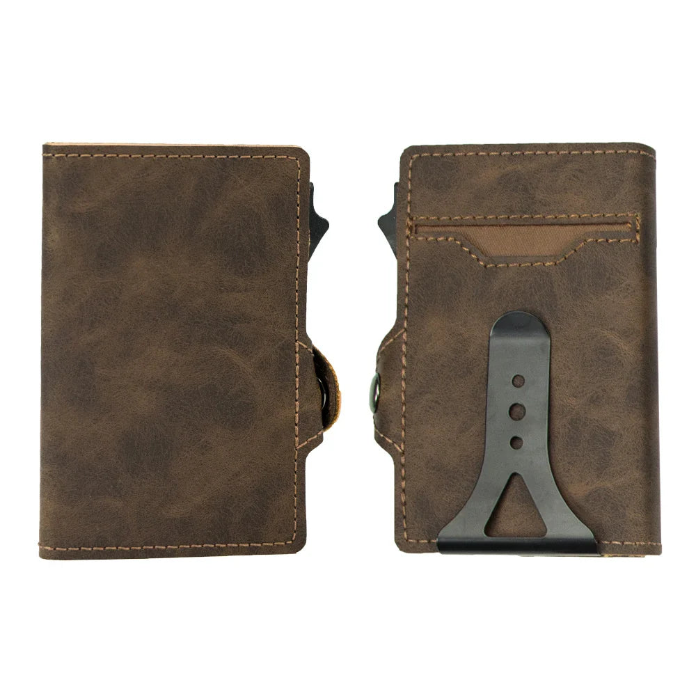 CASEKEY PU Leather Men’s Pop-Up Card Holder Wallet – Slim Minimalist Anti-RFID Smart Wallet with Money Clip & ID Window