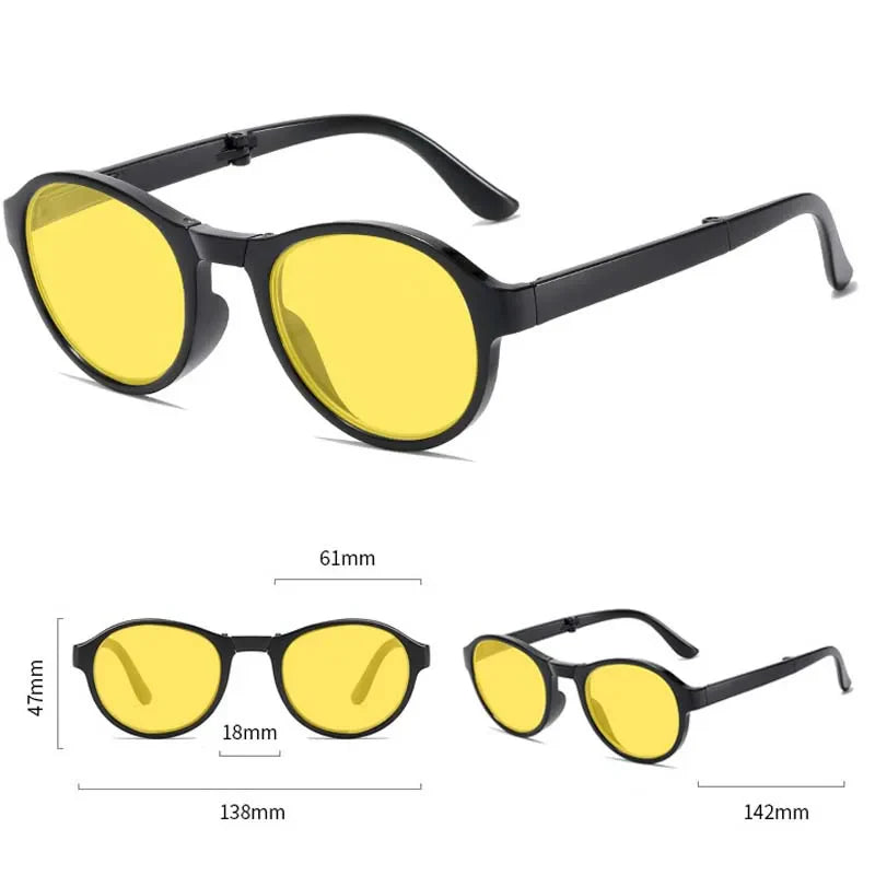 Anti-Glare Foldable Night Vision Driving Glasses – Blue Light Blocking Round Shades for Men & Women with Case