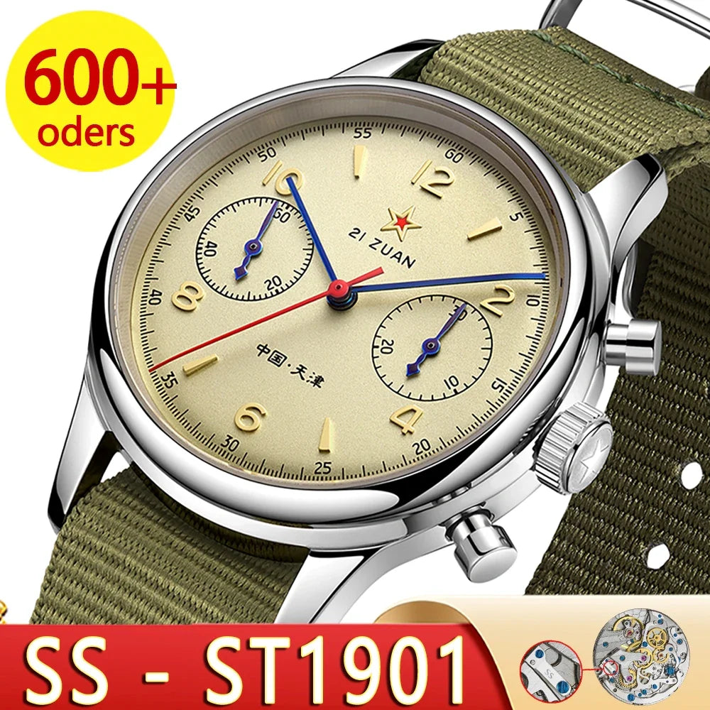 40mm 1963 Pilot Aviation Mechanical Chronograph — Original Seagull ST1901 Movement Men's Sapphire Vintage Watch
