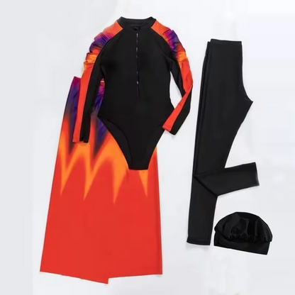 Women’s Muslim Burkini Swimsuit – Long Sleeve Zipper UV Sun Protection Modest Swimwear Gradient Sunset Red Orange Purple Beachwear