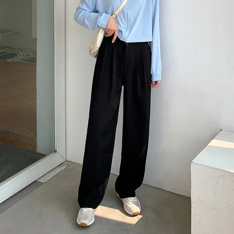 High Waist Women’s Suit Pants – Straight Office Trousers, Casual Button Loose Black Pants for Fall 2024