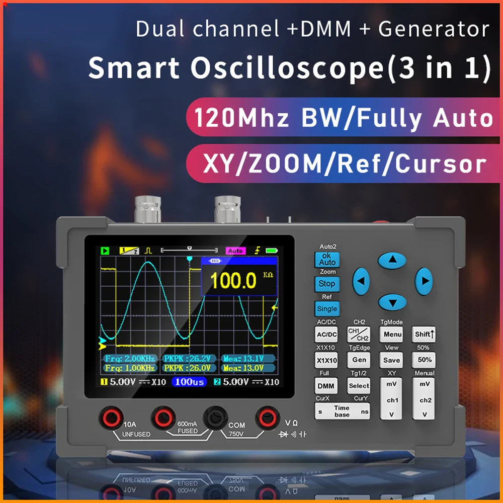 3-in-1 Digital Oscilloscope - Handheld Multimeter Signal Generator, Dual Channel 120MHz Bandwidth, 250MSa/s Sampling Rate   2/2