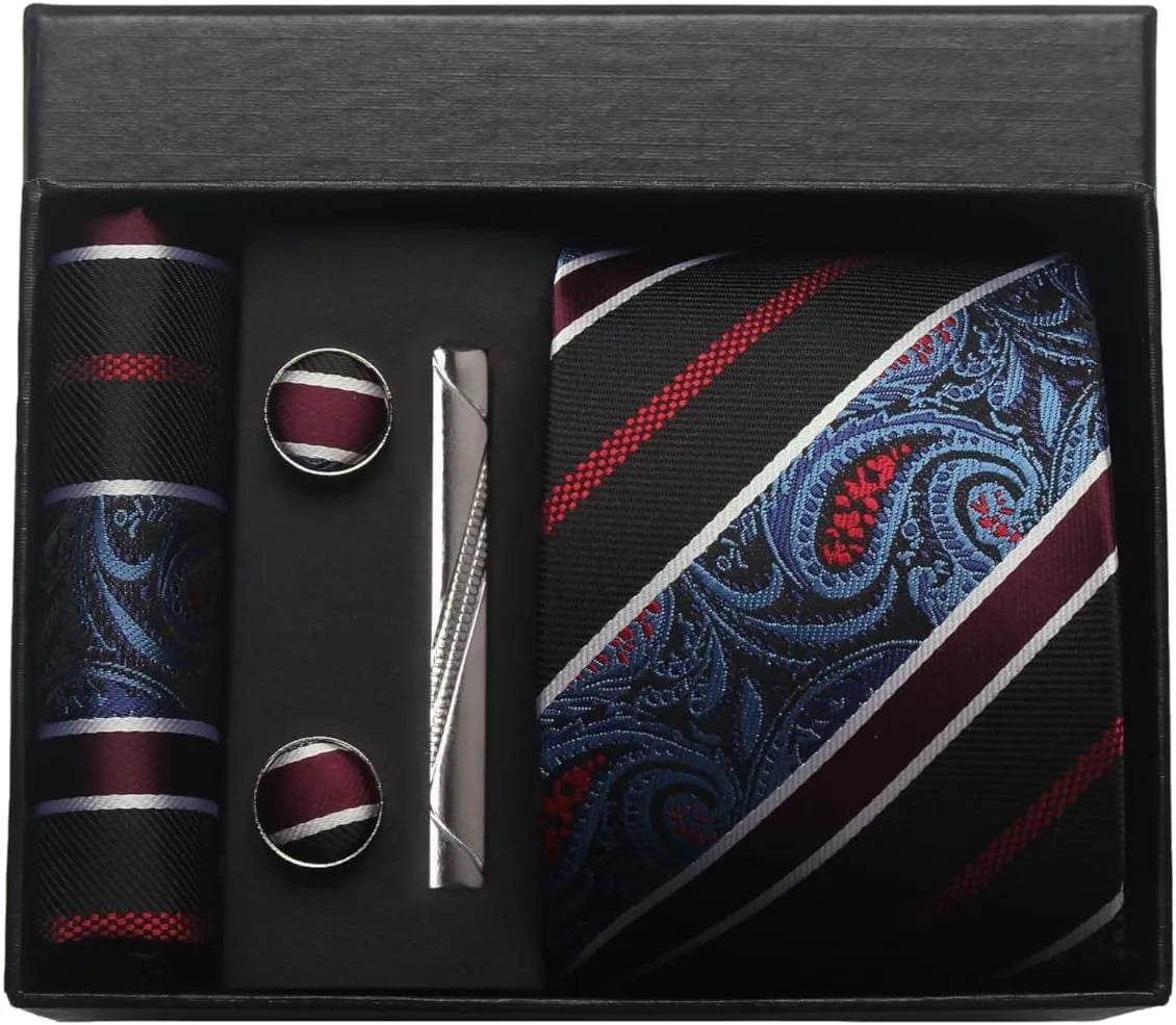 100% Silk Paisley Floral Necktie Set for Men - Premium Business Tie with Pocket Square Tie Clip Cufflinks Gift Box