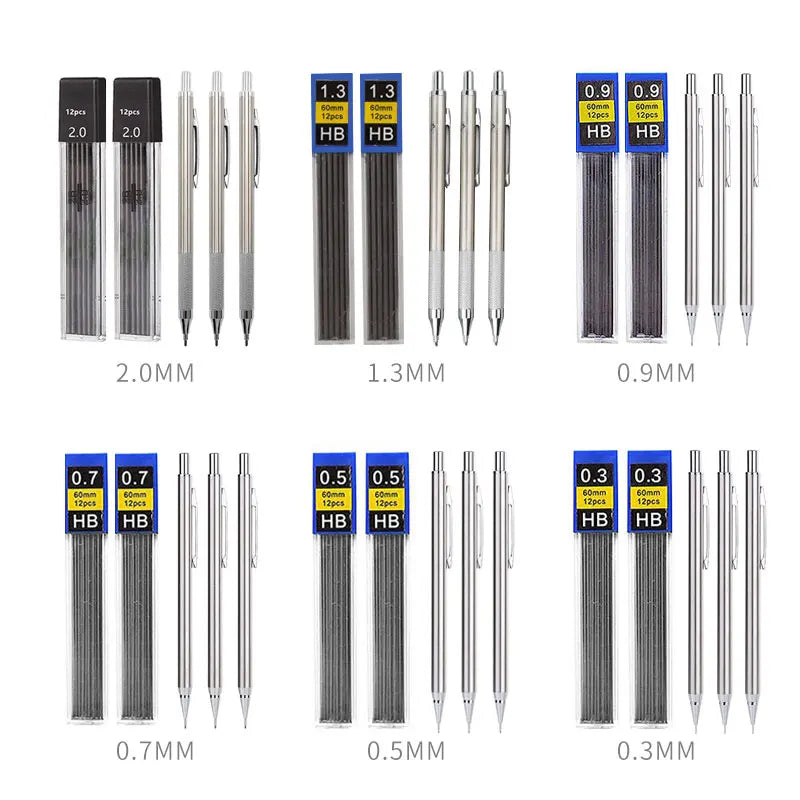 Full Metal Mechanical Pencil Set - 0.3  0.5  0.7  0.9  1.3  2.0 mm - Art Drawing & Painting Automatic Pencil with Leads - Office & School Supply