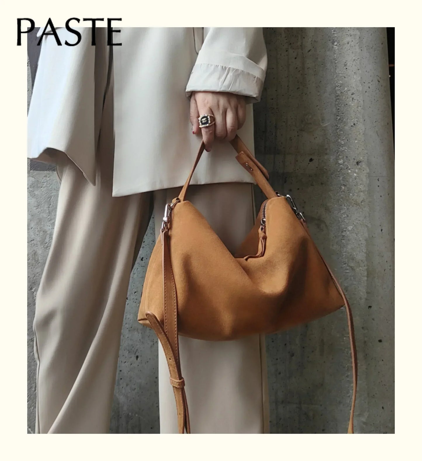 Simple Autumn Winter Grey & Brown Boston Tote — Soft Matte Suede Cow Leather Women's Shoulder Handbag