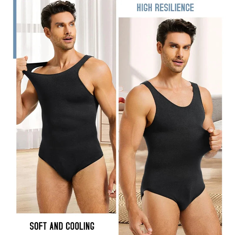 Men’s Shapewear Bodysuit – Sleeveless Tummy Control Abdomen Compression Slimming Open-Crotch Full Body Shaper Undershirt
