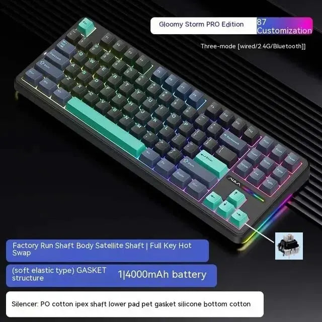 AULA F87 Pro 87-Key Mechanical Keyboard – Tri-Mode 2.4G/USB/Bluetooth, RGB, PBT Keycaps, Gasket Mount, 5-Layer Silencing, Full Key No Impact