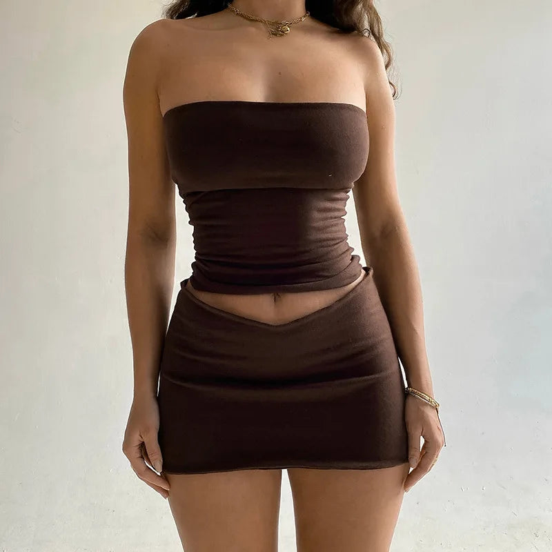 Women’s Y2K Skirt & Tank Set – Solid Color Slim Mini Skirt with Matching Tube Top for Spring/Summer