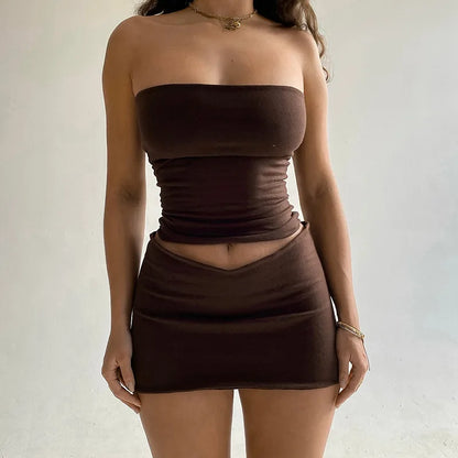 Women’s Y2K Skirt & Tank Set – Solid Color Slim Mini Skirt with Matching Tube Top for Spring/Summer