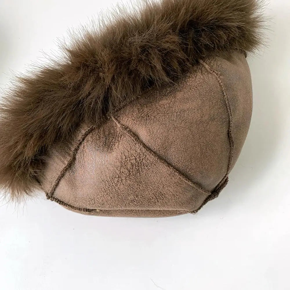 Retro Leopard Print Plush Cat Ear Beanie – Thick Warm Fur Hat for Women, Windproof & Fluffy Winter Snow Cap