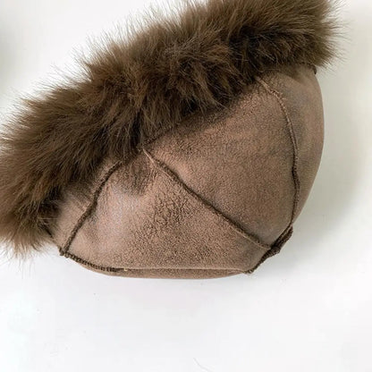 Retro Leopard Print Plush Cat Ear Beanie – Thick Warm Fur Hat for Women, Windproof & Fluffy Winter Snow Cap